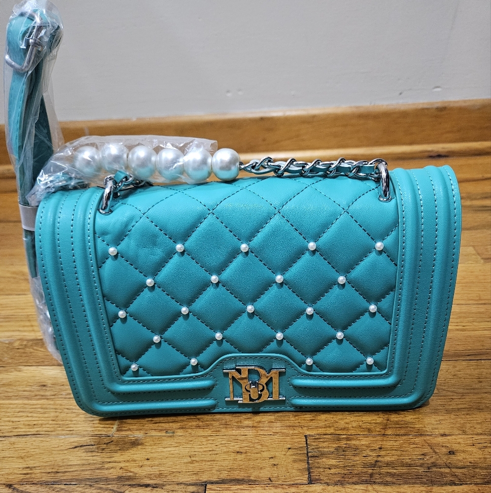 Badgley Mischka Turquoise Quilted Pearl Accent Crossbody Bag